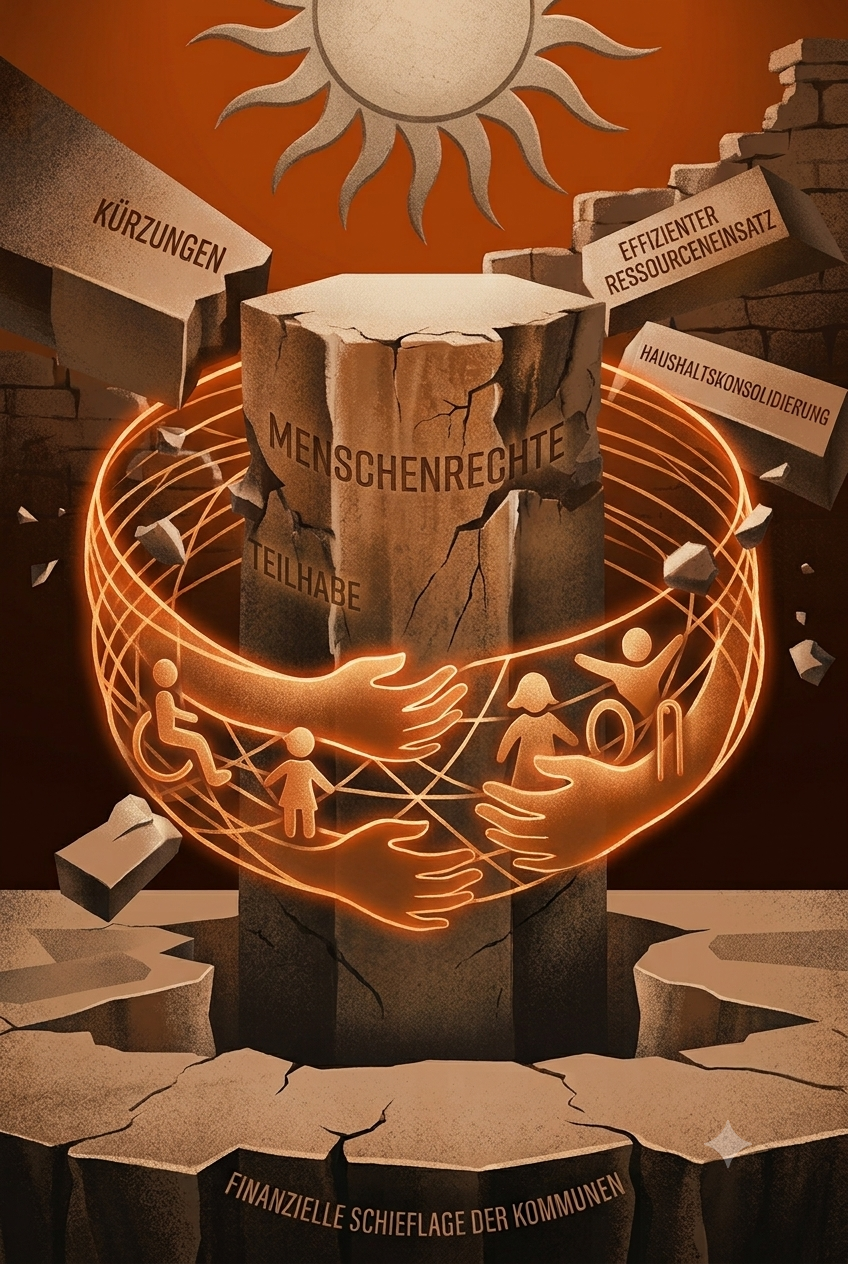 Eine Illustration in kupferfarbenen Farbtönen, die eine von Rissen bedrohte Steinsäule mit den Aufschriften „Menschenrechte“ und „Teilhabe“ zeigt. Leuchtende, schützende Hände umhüllen die Säule und sichern stilisierte Symbole von Kindern sowie Menschen m